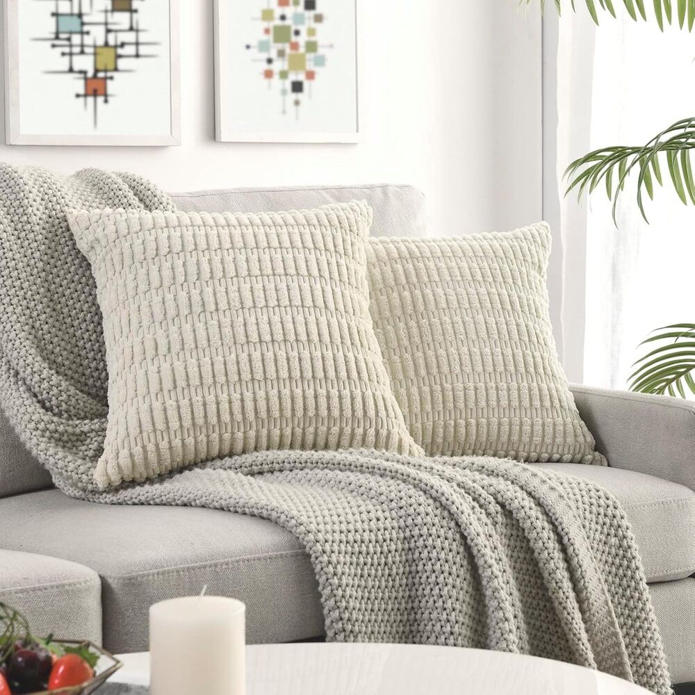 ✨ 4pc Volcanics Corduroy Beige Striped Pillow Covers 18x18 Modern Boho Decor